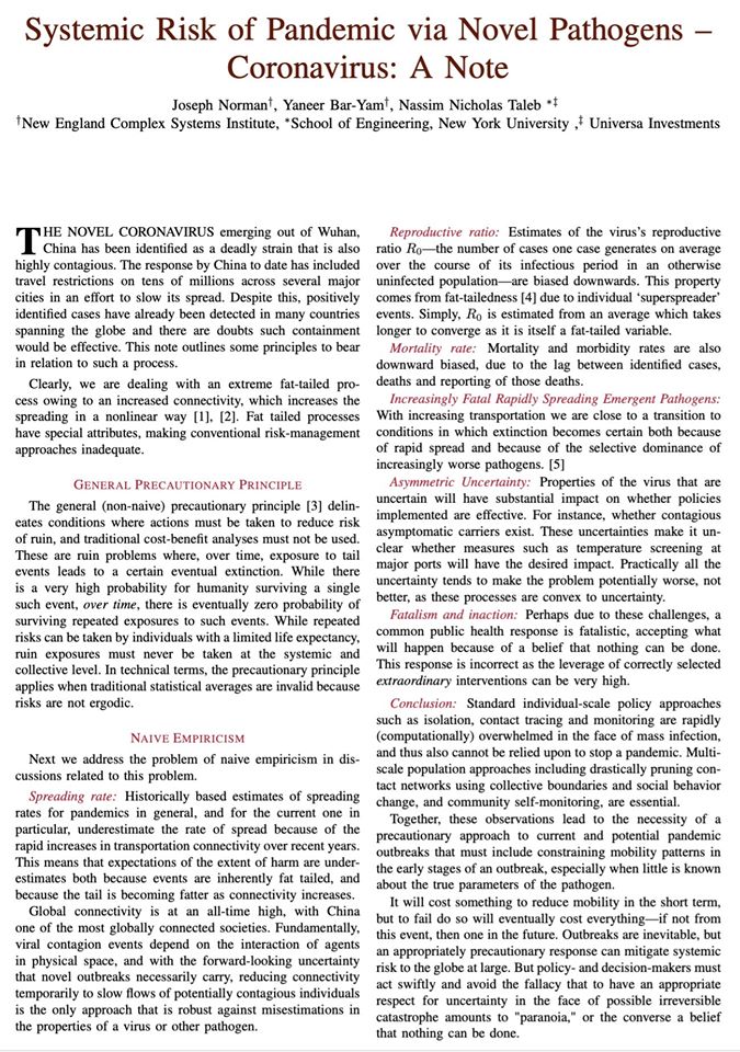 Systemic Risk of Pandemic via Novel Pathogens - Coronavirus